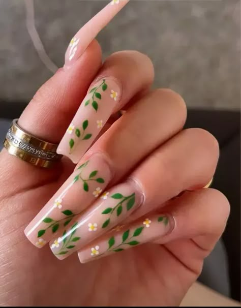 17 Stunning Acrylic Coffin Nail Design Ideas - thepinkgoose.com Floral Nails Acrylic Long, Flower And Vine Nails, Vacation Nails Long Coffin, Fruit Nail Designs Acrylic, Nail Ideas Leaves, Green Spring Acrylic Nails, Plant Acrylic Nails, Green Ivy Nails, Nude Design Acrylic Nails