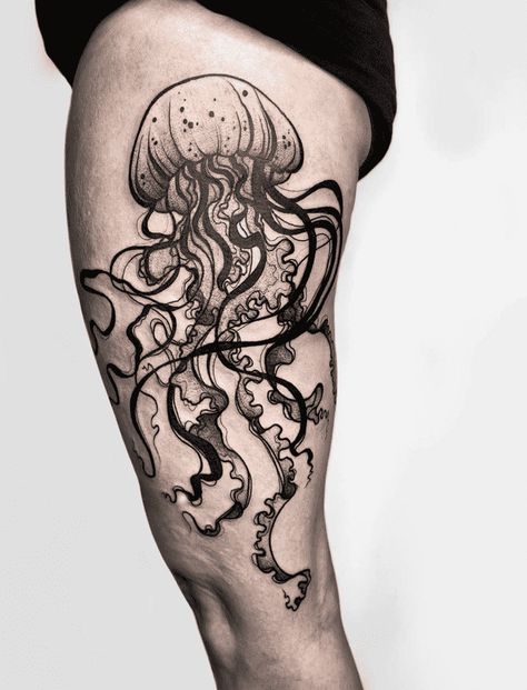 Jellyfish Tattoo Design Images (Jellyfish Ink Design Ideas) Ocean Drawings Pencil, Goth Jellyfish Tattoo, Jellyfish Tattoo On Leg, Octopus Jellyfish Tattoo, Large Jellyfish Tattoo, Jellyfish Tattoo Realistic, Neo Traditional Jellyfish, Jellyfish Sleeve Tattoo, Octopus Tattoo Leg