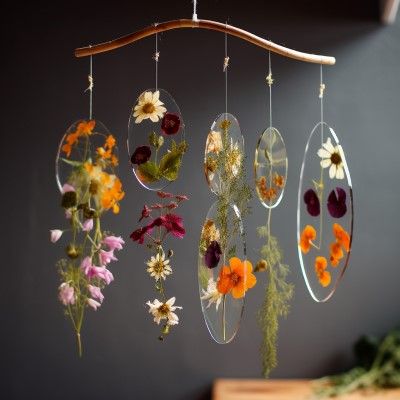 flower mobile Craft With Dried Flowers, Pressed Flower Ideas Crafts, Nature Suncatcher Craft, Nature Mobile Diy, Projects With Pressed Flowers, Dried Flower Suncatchers Diy, Crafts With Transparency Sheets, Nature Diy Projects, Pressed Flower Suncatcher Diy