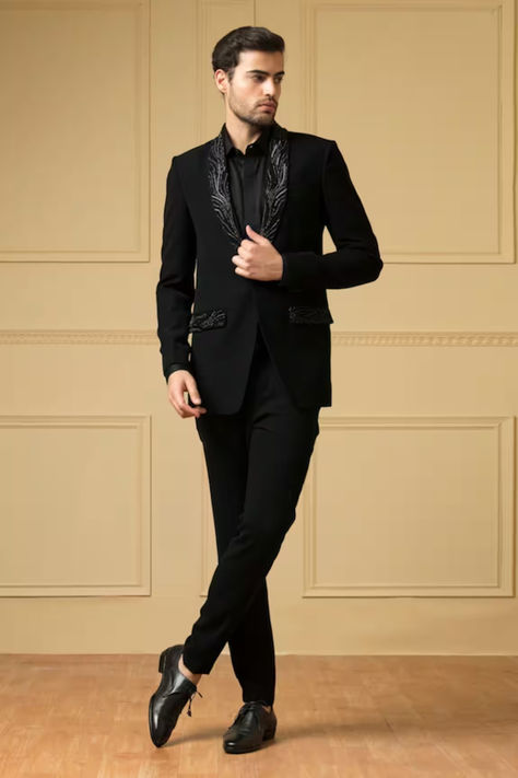 Black Wedding Suit for Men with Single-button Blazer And Trouser Set For Men Coat Pant For Men, Black Tuxedo Wedding, Reception Suits, Black Blazer Men, Blazer Outfits Men, Reception Outfit, Man Blazer, Single Button Blazer, Black Tuxedo