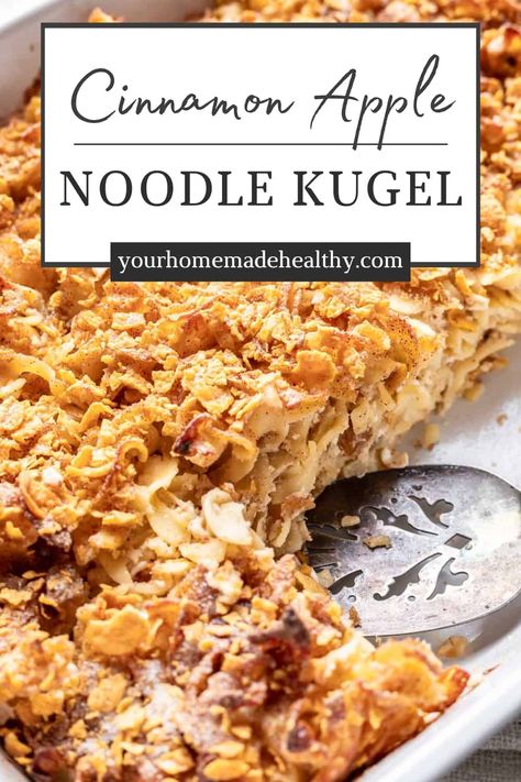 This Cinnamon Apple Noodle Kugel is better than any kugel from a Kosher deli. It's sweet, creamy, and sprinkled with the best crunchy corn flakes topping. Enjoy this traditional Jewish dish year round for holidays, brunch, or family gatherings. Best Noodle Kugel Recipe, Jewish Noodle Kugel Recipe, Savory Noodle Kugel Recipe, Sweet Noodle Kugel Recipe, Cornflake Recipes, Noodle Kugel Recipe, Jewish Desserts, Hannukah Recipes, Crunchy Corn