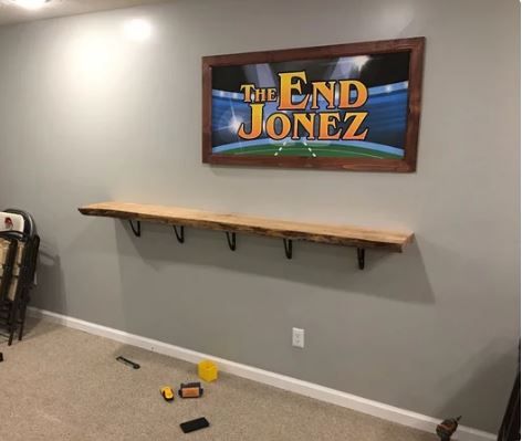 Diy Bar Ledge On Wall, Drink Ledge Basement, Bar Ledge On Wall Basement, Bar Ledge On Wall, Ledge On Wall, Wall Bar Shelf, Standing Bar, 80s House, Wall Ledge