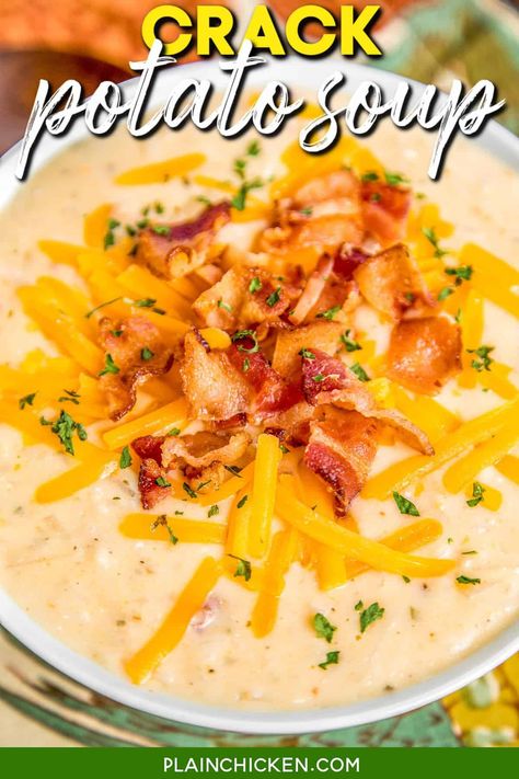 Slow Cooker Crack Potato Soup - potato soup loaded with cheddar, bacon and ranch. This soup is SO addictive! I wanted to lick the bowl!!! Frozen hash browns, cream of chicken soup, chicken broth, cheddar, bacon, ranch, cream cheese. Everyone RAVES about this easy soup recipe. All you need is some cornbread or biscuits and dinner is done!!! #slowcooker #soup #cheddar #bacon #ranch #potatosoup Slow Cooker Potato Soup, Slow Cooker Potatoes, Potato Soup Easy, Potato Soup Crock Pot, Shredded Hash Browns, Loaded Potato Soup, Soup Recipes Slow Cooker, Potato Soup Recipe, Hash Browns