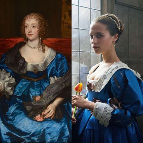 Lady Anne Cecil after Sir Anthonis van Dyck (1637) vs Alicia Vikander as Sophia Sandvoort in “Tulip Fever” (2017). Costume designer — Michael O’Connor. Tulip Fever, Historical Costuming, Alicia Vikander, Costume Designer, Period Dramas, Brave, Tulips, Period, Van