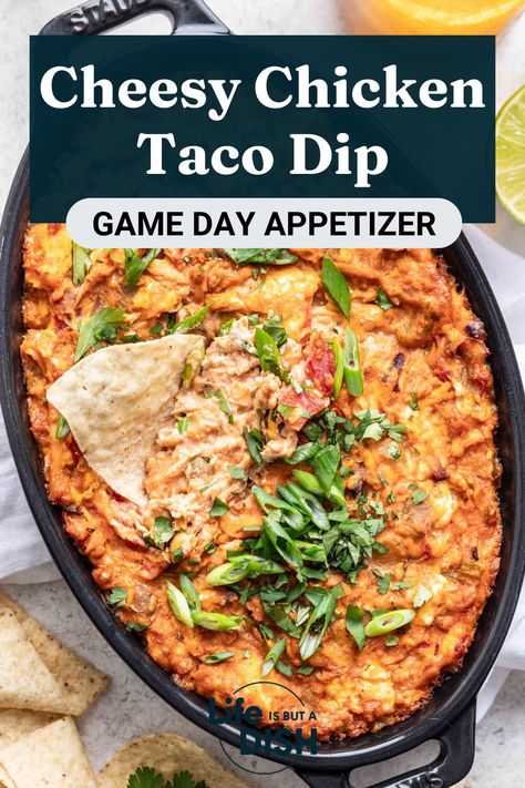 Packed with flavorful seasoned shredded chicken, creamy cream cheese, and gooey jack cheese, this chicken taco dip recipe is the ultimate party appetizer or game day snack! With just a few simple steps, you can have this bubbly and cheesy hot chicken dip ready to serve with your favorite chips! Cheesy Chicken Taco Dip, Taco Dip With Chicken, Chicken Fajita Dip, Dips With Shredded Chicken, Chicken Taco Dip Crockpot, Shredded Chicken Appetizer Recipes, Ground Chicken Dip, Shredded Chicken Dip Recipes, Canned Chicken Dip Recipes