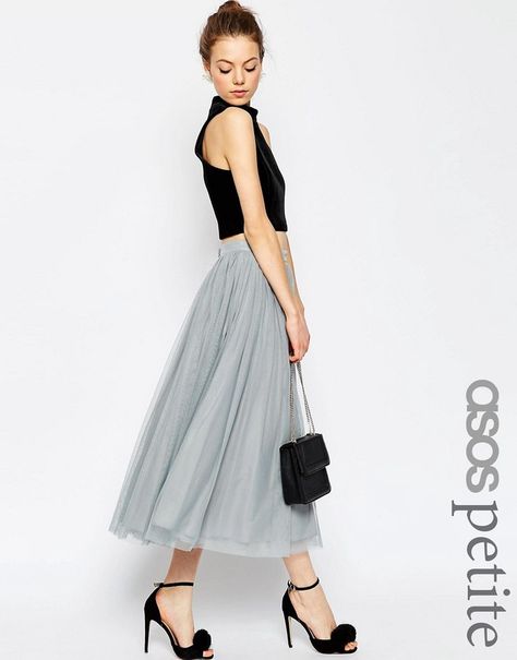 Love this look. ASOS PETITE WEDDING Tulle Midi Skirt with Layers Ballerina Trend, Grey Tulle Skirt, Bridesmaid Separates, Trendy Bridesmaids, Tulle Skirts Outfit, Wedding Tulle, Prom Skirt, Gonna In Tulle, Feminine Skirt