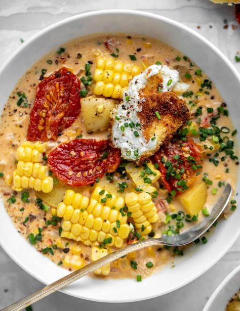 Corn Chowder - Sun Dried Tomato Corn Chowder & Crispy Goat Cheese Nourishing Dinner Recipes, Crispy Goat Cheese, Fasting Meals, Cheese Croutons, Corn Chowder, Dried Tomatoes, Croutons, How Sweet Eats, Parmesan Cheese