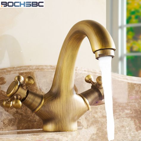 BOCHSBC Full Copper Anitque Single Hole Tap European Style Retro Basin Faucet Mixer Tap Decorative Rubinetto Bagno Vintage Bathroom Faucet, Baie Vintage, Antique Faucet, Vintage Faucet, Antique Brass Bathroom, Single Hole Bathroom Faucet, Brass Bathroom, Brass Faucet, Basin Mixer Taps