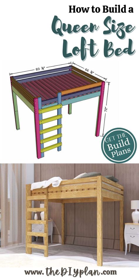 Diy Loft Bed Queen, Loft Bed Plans Free Queen Size, Loft Bed Ideas Queen Size, Queen Lofted Bed, Queen Size Lofted Bed, Diy Loft Queen Bed, Lofted Queen Bed Diy, Double Loft Bed Plans, 2x4 Loft Bed Diy