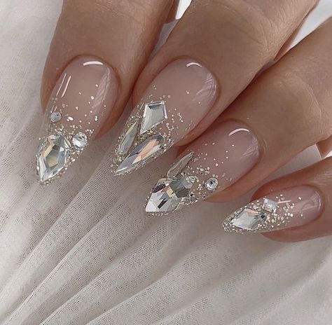 2023 Korean Nails, Luxury Wedding Nails, Pink Wedding Nails For Bride, Wedding Manicure For Bride, Wedding Nails Silver, Pink Crystal Nails, Gemstone Nail Art, Bejeweled Nails, Jewel Nails