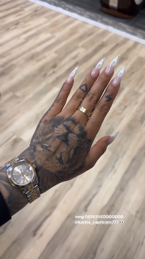 Upper Wrist Tattoos For Women, Women Lion Sleeve Tattoo, Lion Head Tattoos For Women, Leaf On Hand Tattoo, Man Hand Tattoo Design, Animal Hand Tattoos For Women, Tiger Tattoo For Women Hand, Tattoo Ideas Female Gangsta, Medusa Hand Tattoos For Women