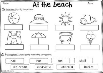 AT THE BEACH VOCABULARY PACK - TeachersPayTeachers.com Beach Kindergarten Activities, Summer Vocabulary Worksheet, Beach Worksheets For Preschool, Beach Worksheets For Kids, At The Beach Worksheet, Beach Worksheet, Beach Vocabulary, Kindergarten Math Review, Beach Theme Preschool