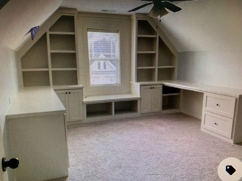 Bonus Room Shelving Ideas, Attic Desk Sloped Ceiling, Office Bonus Room Ideas, Bonus Room Paint Ideas Sloped Ceiling, Frog Room Ideas Bedroom Slanted Ceiling, Attic Room Office Slanted Ceiling, Bonus Room Above Garage Office, Attic Office Ideas Sloped Ceiling, Office Above Garage