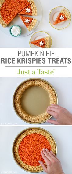 Pumpkin Pie Rice Krispies Treats Rice Krispies Treats Recipe, Rice Pie, Holiday Dessert Recipes Easy, Desserts Pumpkin, Easy Holiday Dessert, Pumpkin Treats, Pie Thanksgiving, Easy Holiday Desserts, Thanksgiving Desserts Easy