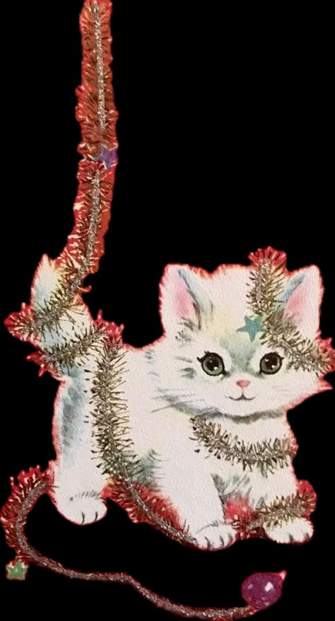 Tinsel Illustration, Kitschy Christmas Art Printables, Kitschy Christmas Art Prints, Vintage Cat Christmas, Vintage Kitty Illustration, Christmas Kitten, Christmas Ephemera, White Christmas, Xmas Cards