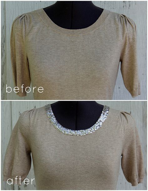 DIY Sequined Sweater - Takes your look from ho-hum to hubba-hubba! Diy Fashion Trends, Diy Fashion Ideas, Repurposed Clothing, Clothing Diy, Sequin Sweater, Upcycled Clothing, Diy Couture, Refashion Clothes, Diy Clothing