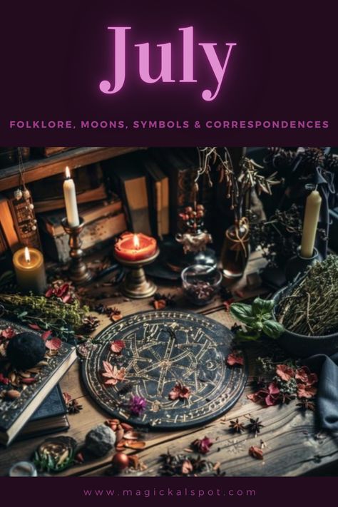 Bask in the high summer glow of 🌞 July with 'Folklore, Moons, Symbols & Correspondences.' Dive into the month of the Buck Moon, celebrating growth, strength, and the abundance of life. 🌕🦌 Explore July's folklore, magical symbols for protection and prosperity, and the vibrant energies that make this month a time of power and reflection. Perfect for those seeking to harness the peak energies of summer in their practice. 🌻🔮 July Magical Correspondences, July Full Moon 2024, Witchy Hobbies, July Magic, Symbols For Protection, Magic Library, Pagan Life, Buck Moon, Full Moon Spells