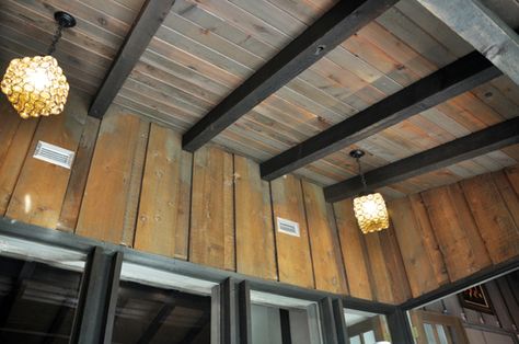 I like the dark beams...different. Dark Beams, Life Of An Architect, Own House, An Architect, Tongue And Groove, Ceiling Beams, Interior Wall, Rustic Dining Table, Interior Walls