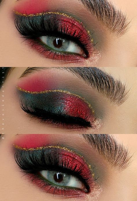 Green Red Makeup, Green And Red Makeup Looks, Red And Green Makeup Looks, Red And Green Eye Makeup, Red Eyeshadow Green Eyes, Green And Red Makeup, Green Christmas Eyeshadow, Red And Green Eyeshadow, Red And Green Makeup