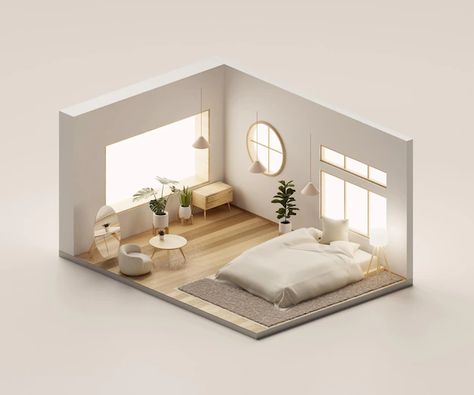 3d View Of House Interior, Interior Isometric View, Interior Design 3d Render, 3d House Interior, Maquette Interior Design, Sims Room Design, 3d Room Design Interiors, Interior Rendering Architecture, Bedroom Isometric