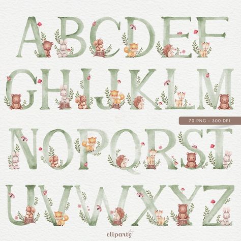 Woodland Alphabet Watercolor Clipart, Animal Letter Clipart, Cute Watercolor Alphabet for Invitation Design, Craft Supplies, Commercial Use - Etsy.de Alphabet Watercolor, Woodland Alphabet, Letter Clipart, Watercolor Alphabet, Baby Room Wall Decor, Animal Letters, Cute Watercolor, Animal Alphabet, Floral Letters