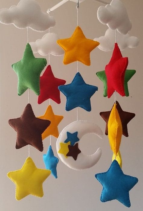 Felt Characters, Stars Mobile, Colorful Nursery, Wooden Mobile, Diy Baby Mobile, Loads Of Love, Star Mobile, Wood Hanger, Cot Mobile