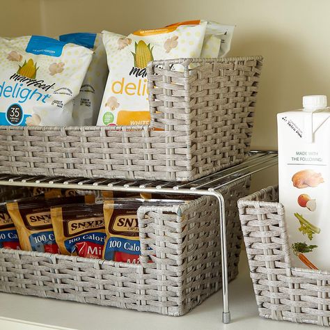 Although it looks as if it's made from natural materials, our Montauk Open-Front Bin is woven from plastic, so it's extremely durable and affordable! Use it to organize packaged or canned foods, linens or serving utensils in the pantry - it can also be used in the closet or bath to hold small items. Chip Storage Ideas, Food Pantry Storage, Chip Storage, Kitchen Storage Baskets, Pantry Door Storage, Stacking Basket, Linen Closets, Perfect Pantry, Pantry Wall