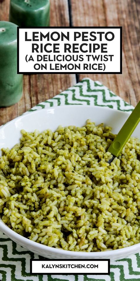 Pinterest image for Lemon Pesto Rice shown in serving bowl with green-white napkin. Pesto Rice Recipes, Pesto Rice, Pesto Recipes, Lemon Pesto, Basil Pesto Recipes, Pesto Salad, Healthy Rice, Lemon Rice, Quinoa Healthy