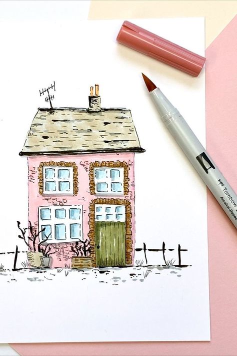 House Doodle, Watercolor House Painting, Sweet Drawings, Cottage Painting, Watercolor Architecture, Diy Watercolor Painting, Watercolor Paintings Easy, House Illustration, Cottage Art