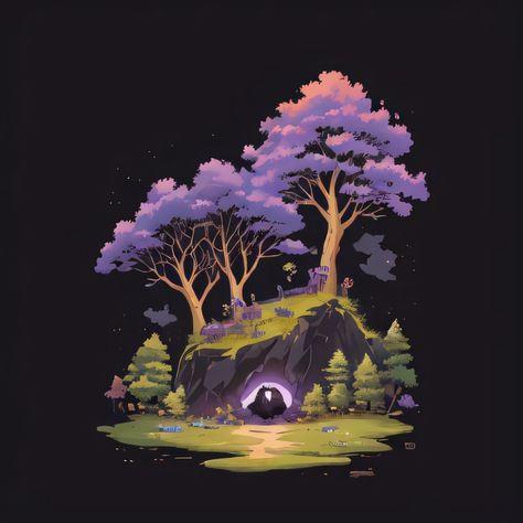 A mystical landscape where tall purple trees protect a glowing cave beneath a grassy hill.   #FantasyArt #MysticalLandscape #MagicalCave #WhimsicalWorld #DigitalArt #EtherealNature #AdventureAwaits #EnchantingScene #SereneVibes #CreativeInspiration #nature #naturelovers #Amine #art #design #digital #shirt #tree #sunset #water #mountain #draw #designer #illustrator #creative #love #graphic #instagood #fashion #arts Glowing Cave Art, Water Mountain, Grassy Hill, Cave Drawings, Tree Sunset, Mountain Illustration, Purple Trees, Cave In, Snow Caps