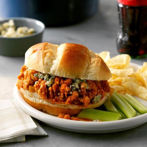 Lean ground turkey makes this a lighter sloppy joe than the standard ground beef version. A hefty splash of hot sauce and optional blue cheese provide an authentic Buffalo-style flavor. —Maria Regakis, Saugus, Massachusetts Breakfast Sloppy Joes, Buffalo Ground Beef Recipes, Buffalo Sloppy Joes, Saugus Massachusetts, Meat Sandwiches, Blue Cheese Recipes, Buffalo Style, Best Dutch Oven, Sloppy Joes Recipe