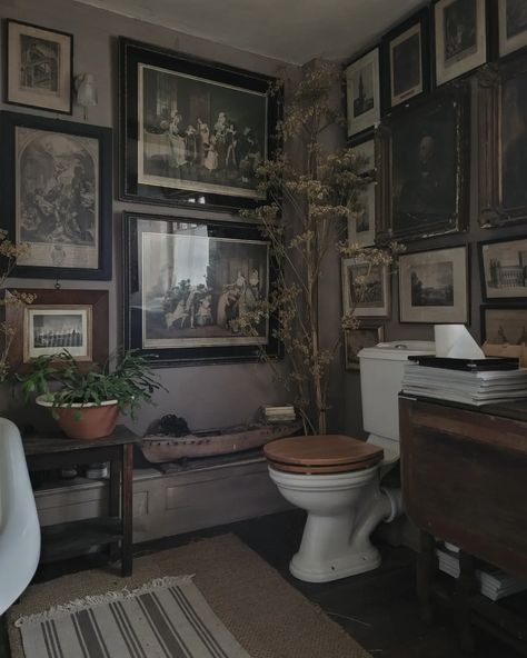 Art Nouveau Powder Room, Dark Academia Bathroom, Dark Academia Kitchen, Apothecary Bathroom, Dark Academia Interior, Bathroom 2024, Dark Academia Decor, Floor Ideas, Rustic Bathrooms