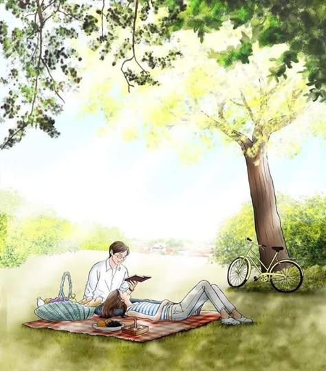 Couple Picnic Illustration, Couple Picnic Drawing, Couple Reading Together Drawing, Picnic Drawing, Picnic Art, Art Of Love, Cute Couple Drawings, Animated Love Images, Love Illustration