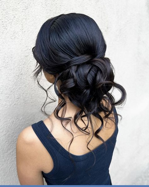 Wedding Hairstyles With Bun, Updo With Hair In Face, Bridesmaid Hairstyles Updo Black Hair, Hair Down With Fascinator, Barat Bun Hairstyle, Quince Low Bun Hairstyles, Low Bun With Strands Out, Romantic Textured Updo, Prom Hair Updo Bun