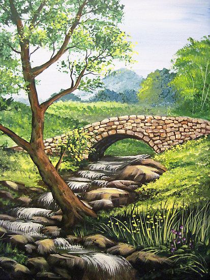 Stone Bridge  by teresa  Acrylic Bridge Landscape Painting, Bridge Canvas Painting, Bridge Scenery, Bridge Landscape, Bridge Drawing, Bridge Painting, Bridge Art, Landscape Forest, Acrylic Painting Lessons