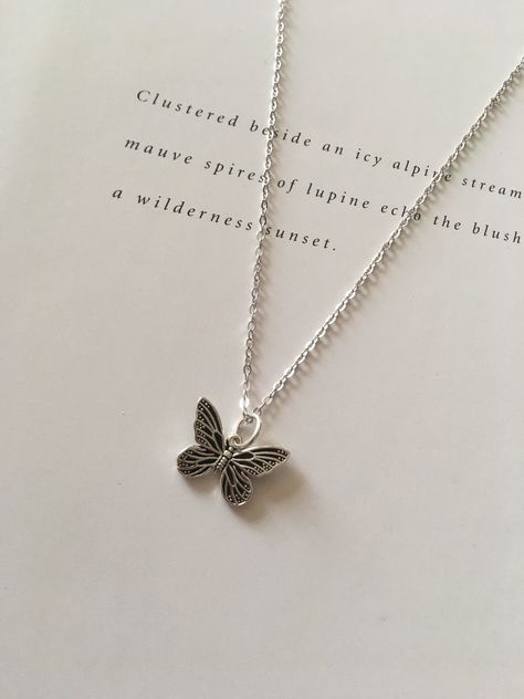 This dainty  necklace is made of 925 sterling silver chain with 1.5 inch extender, and features a beautiful butterfly pendant of Thai silver. Silver Necklace With Pendant, Necklace Aesthetic Silver, Jewelry Accessories Silver, Butterfly Necklace Silver, Butterfly Jewellery, Sliver Necklace, Necklace Butterfly, Pretty Jewelry Necklaces, Earthy Jewelry