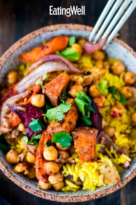 Turmeric Rice Bowl, Tumeric Rice Meal, Vegetarian Rice Bowl, Root Vegetable Recipes, Fiber Fueled, Veggie Rice Bowl, Inflammatory Meals, Root Vegetables Recipes, Turmeric Rice