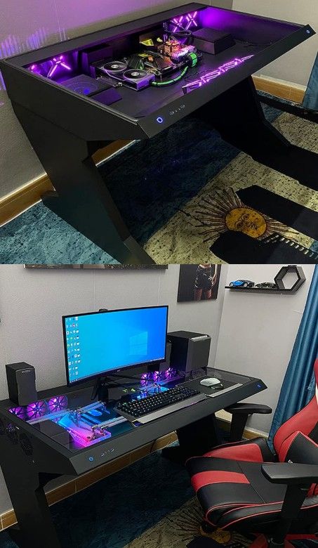 Gaming Desk PC Case Mini Pc Desk Setup, Gaming Pc Case Design, Cool Pc Case, Hideout Ideas, Pc Case Design, Custom Pc Case, Custom Pc Desk, Custom Gaming Desk, Gaming Pc Setup