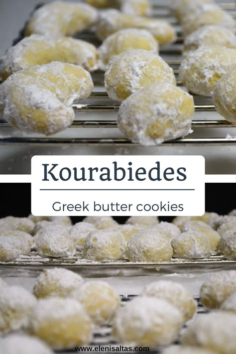 Kourabiedes are popular Greek butter cookies topped with heaps of powdered sugar and made for special occasions like weddings, Christmas, name days, and any day that ends in “y”. My earliest memories of kourabiedes aren’t the sweet taste of the cookie. In fact, I don’t even remember taking a bite out of one when I was younger. Instead, my favorite memories come from turning wide-eyed at the wonderful white mounds of kourabiedes on display at both my Yiayia Metos and Yiayia Saltas’ homes. Yiayia Greek Wedding Cookies Recipe, Greek Pastries Desserts, Greek Wedding Cookies, Greek Butter Cookies, Greek Pastry, Mediterranean Desserts, Greek Recipes Dessert, Greek Pastries, Greek Cookies