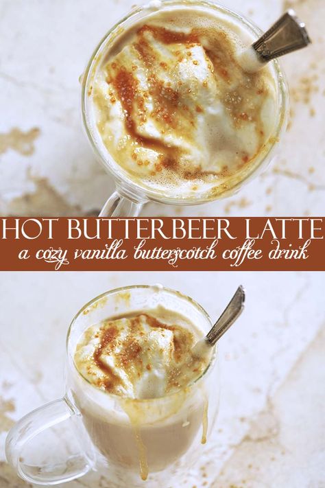 Butterbeer Latte, Hot Butterbeer, Fall Coffee Drinks, Coffee Recipes Hot, Starbucks Fall Drinks, Hot Coffee Drinks, Butterbeer Recipe, Hot Drinks Recipes, Coffee Trailer