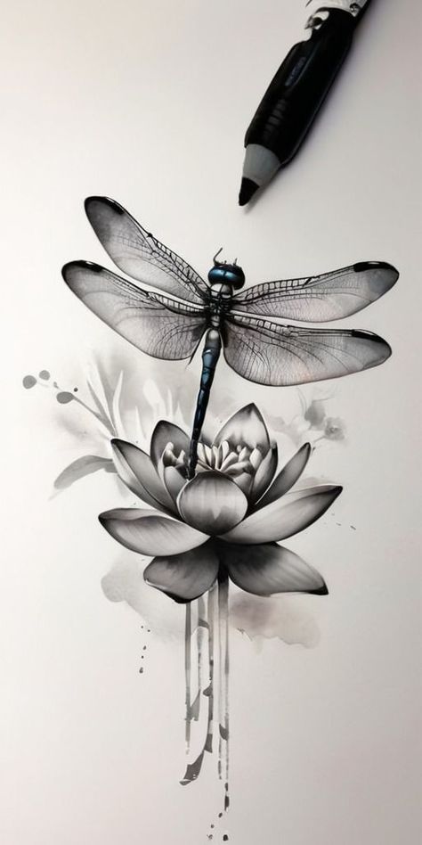 Dragonfly Lotus Tattoo Design, Lotus And Dragonfly Tattoo, Dragonfly Forearm Tattoo, Realistic Dragonfly Tattoo, Dragonfly Back Tattoo, Dragonfly Tattoo Meaning, Dragon Fly Tattoo Designs, Waterlilly Tattoo, Dragonfly Tattoo Ideas Unique