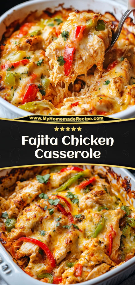 This fajita chicken casserole is loaded with tender chicken, bell peppers, and melted cheese. Perfect for a hearty, flavorful dinner!

Ingredients:

2 cups cooked chicken, shredded
1 cup bell peppers, sliced
1 cup shredded cheese
1 packet fajita seasoning
Serve this fajita chicken casserole for a deliciously comforting and spicy meal Meals With Bell Peppers Dinners, Chicken With Bell Peppers Recipes, Creamy Chicken Fajita Casserole, Meal With Shredded Chicken, Chicken Recipes For Dinner Casserole, High Protein Chicken Casserole, Healthy Chicken And Veggie Recipes, Low Fat Casserole Recipes, Fajita Chicken Recipes