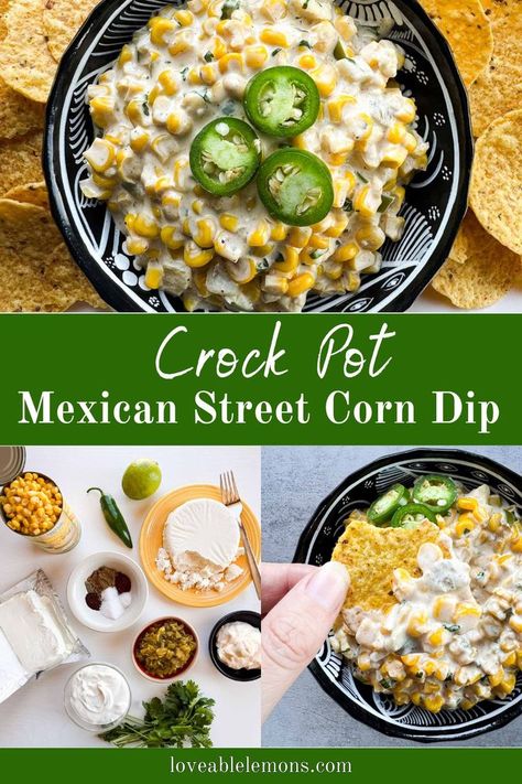 a pretty black bowl filled with corn dip topped with jalapeno slices, ingredients, and a tortilla chip with a scoop of corn dip. Mexican Sweet Corn Dip, Street Corn Dip Crock Pot, Crock Pot Mexican Street Corn, Mexican Street Corn Dip Crock Pot, Crock Pot Corn Dip, Crockpot Corn Dip, Bunco Appetizers, Corn Salsa Dip, Crock Pot Mexican