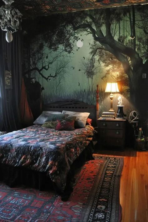 Cave Bedroom Aesthetic, Witch Bedroom Ideas, Witchy Bedrooms, Witch Room Aesthetic, Witch Aesthetic Bedroom, Witch Bedroom, Dark Maximalism, Witch Bedrooms, Witchy Bedroom