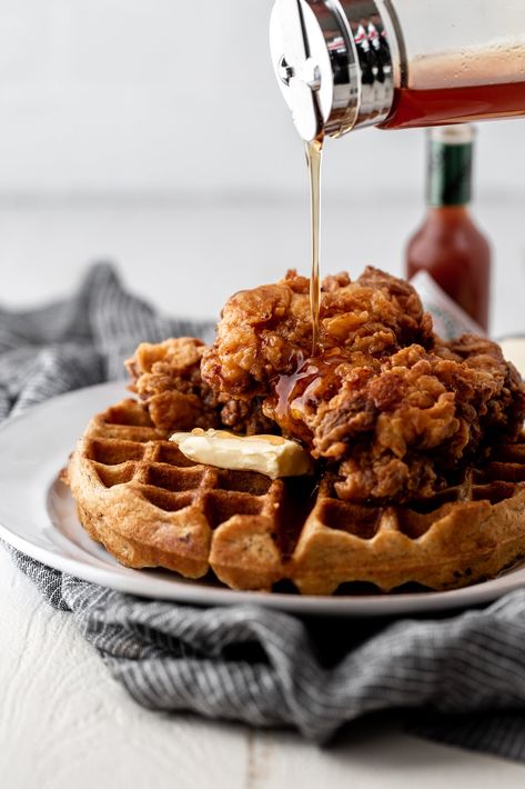 Fried chicken and waffles with hot sauce maple syrup recipe from cooking with cocktail rings #brunch #waffles #friedchicken Maple Syrup Recipes, Fried Chicken And Waffles, Boiled Chicken Breast, Chicken Waffles, Buttermilk Fried Chicken, Boiled Chicken, Chicken And Waffles, Syrup Recipe, Waffle Recipes