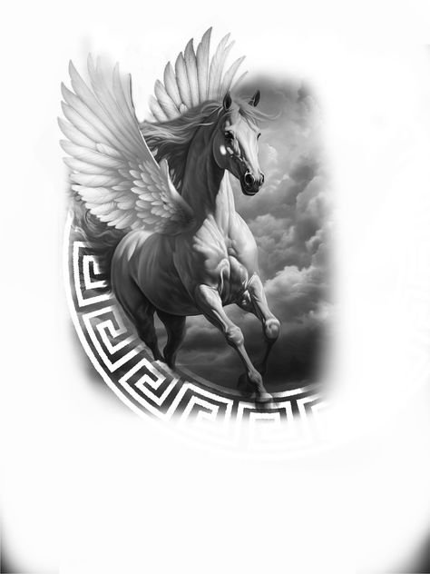 Greek Horse Tattoo, Pegasus Tattoo Mythology, Pegasus Warrior Tattoo, Fantasia Pegasus Tattoo, Pegasus Tattoo Design, Pegasus Wings Tattoo, Greek Mythology Pegasus Tattoo, Joel Tattoo, Pegasus Tattoo