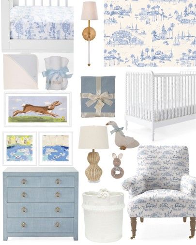 French Toile Nursery, Blue Willow Nursery, Blue Toile Nursery, Grandmillenial Boys Nursery, Nursery Sconces, Serena And Lily Nursery, Toile Nursery, Dresser Chair, Light Blue Nursery