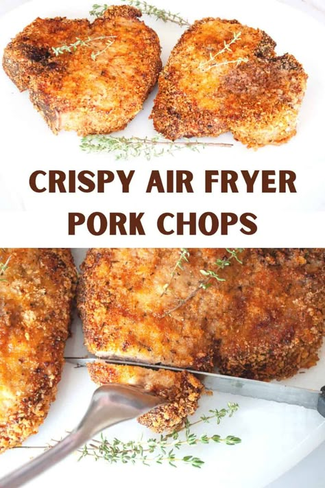 These crispy baked Air Fryer Pork Chops are rolled in panko and spices and cooked to perfection in the air fryer. Need bone-in chops that are crispy outside, juicy inside? This recipe is for you! This is the recipe for bone-in pork chops in the air fryer that we all need in our lives. So simple to make and so quick to cook you'll find yourself turning to this recipe again and again. Once you buy the panko bread crumbs everything else is probably IN your pantry already. #airfryerporkchops Air Fryer Recipes Pork Chops, Air Fry Pork Chops, Air Fryer Recipes Pork, Bone In Pork Chops, New Air Fryer Recipes, Air Fryer Pork, Air Fryer Pork Chops, Air Fryer Ideas, Pork Chop Recipes Baked