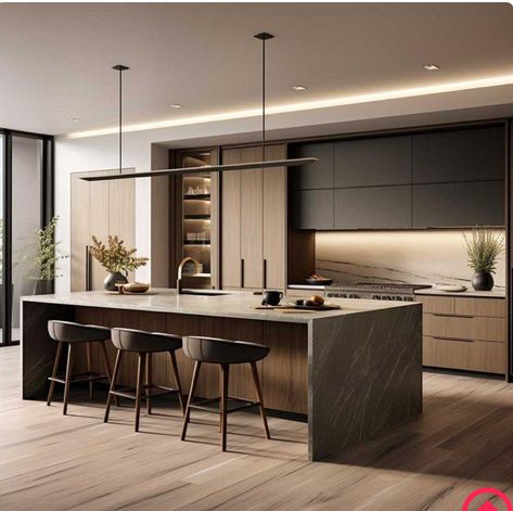 Kitchen Island Contemporary Design, Modern French Kitchen Design, Island Kitchen Modern, Kitchen Island All Stone, Contemporary Kitchen With Island, Kitchen Ideas Modern Luxury 2024, Huge Kitchen Island With Seating Luxe, Modern Luxury Kitchen 2024, Long Kitchen Ideas