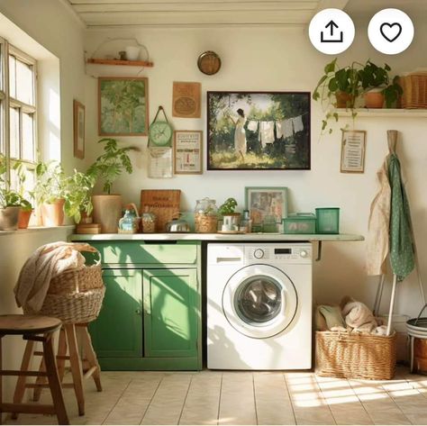 Painted Paneling Laundry Room, Vintage Eclectic Laundry Room, Colourful Laundry Room Ideas, Laundry Room Cottage Style, Earth Tone Laundry Room, 1950s Laundry Room, Best Colors For Laundry Room, Laundry Room Gallery Wall, Eclectic Laundry Room Ideas